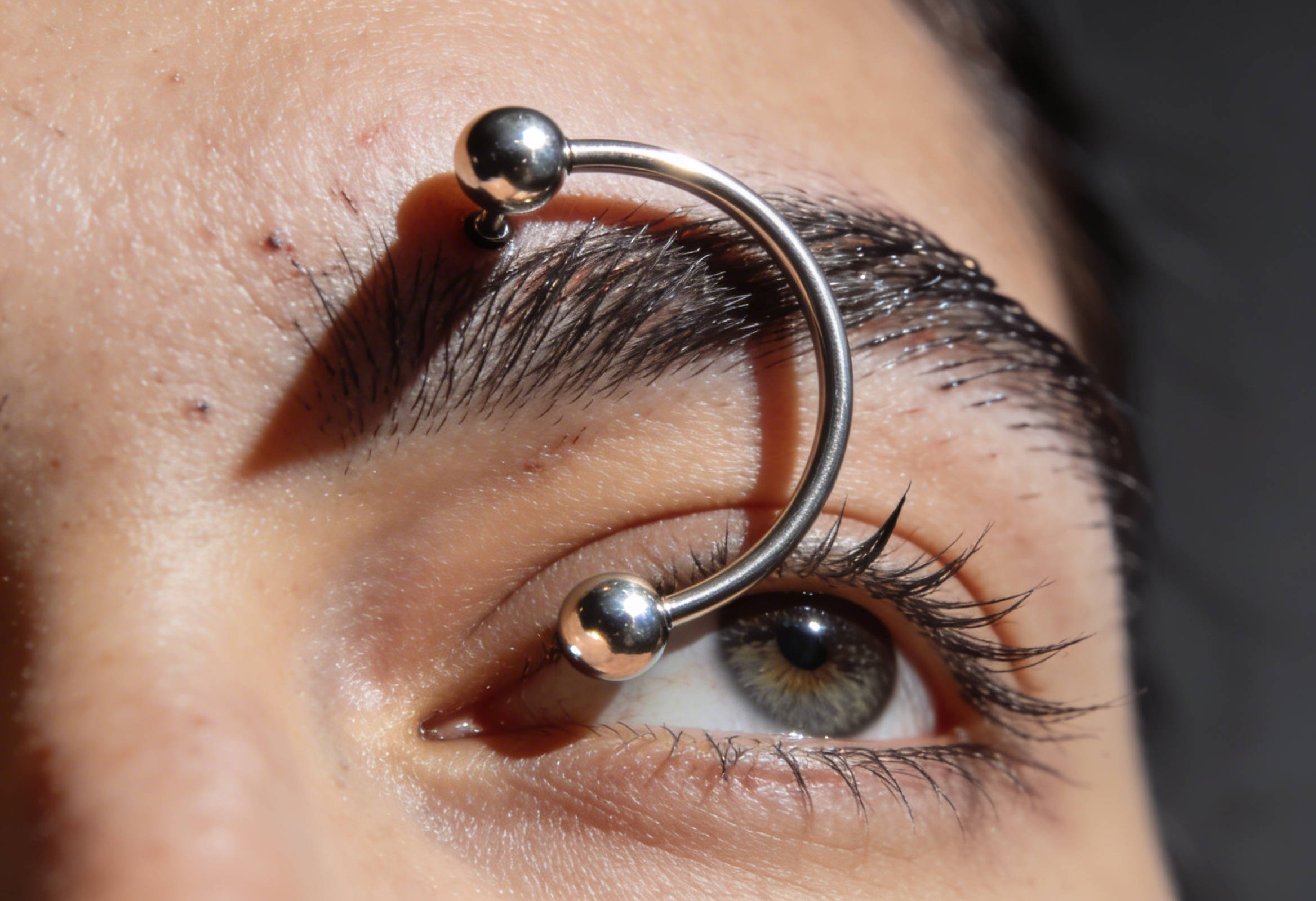 Kaş üzerinde titanyum curved barbell piercing detayı